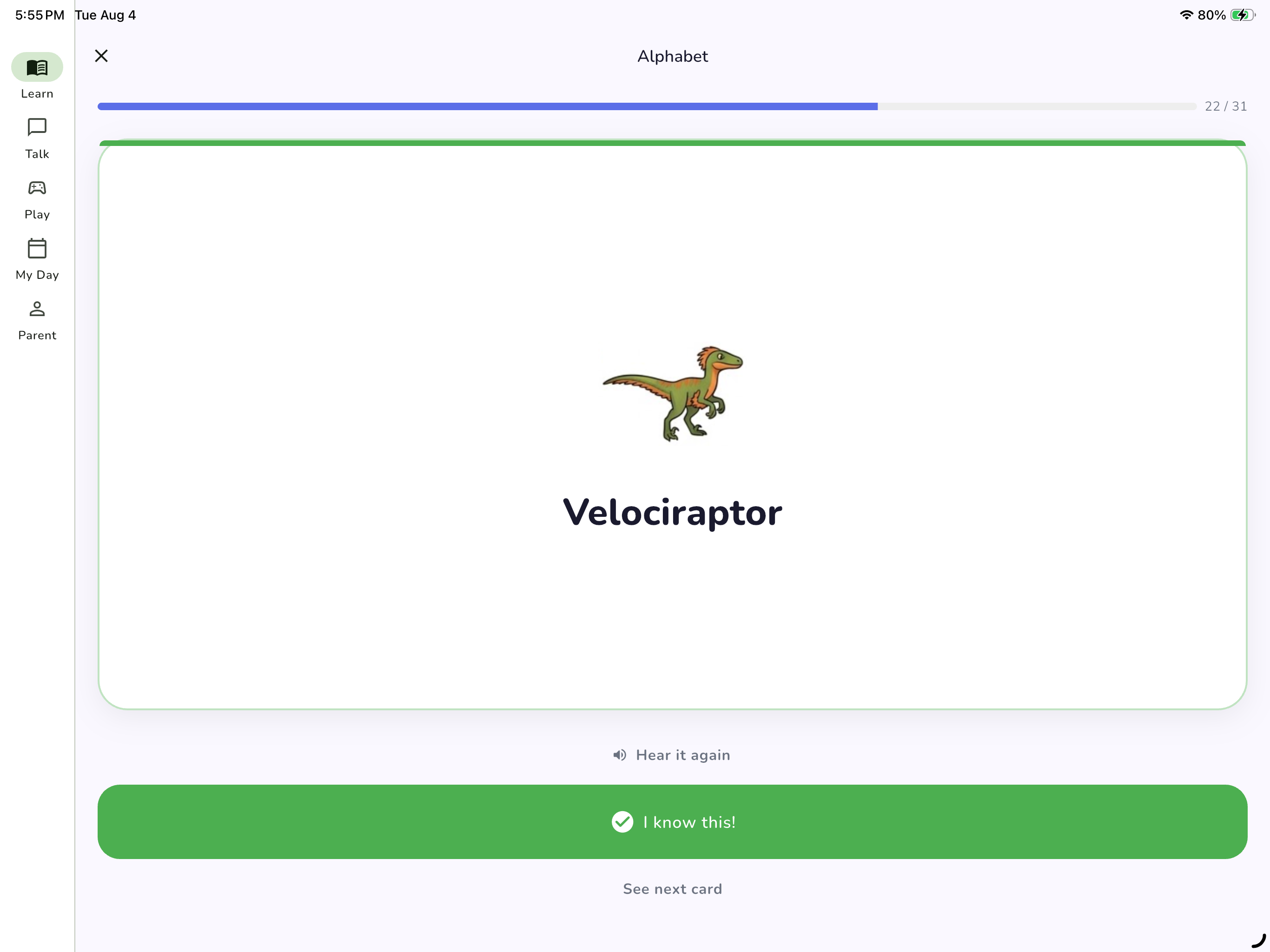 Hailo app showing a Velociraptor alphabet card